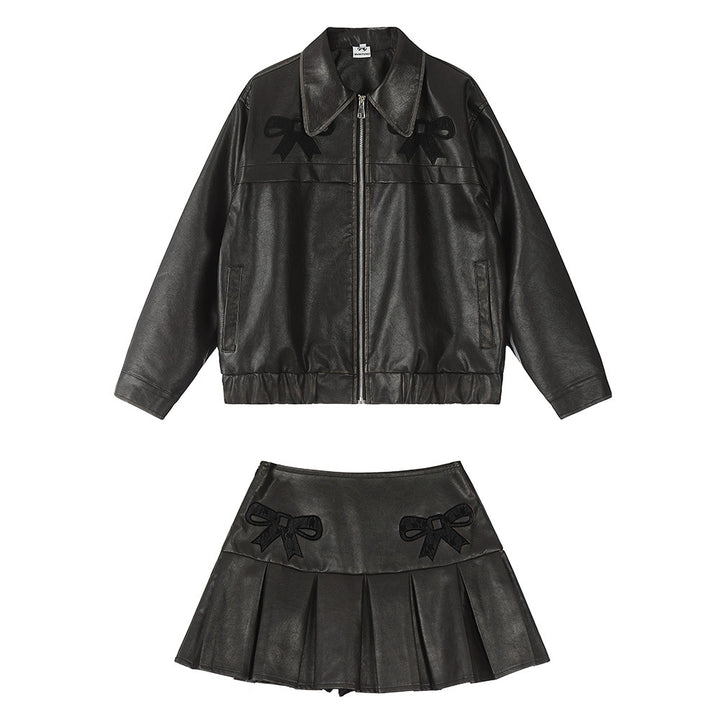 Sweet ribbon PU leather skirt