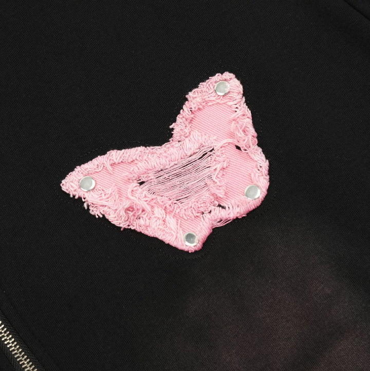 Sweet Washed Butterfly Patch Embroidered Hooded Jacket