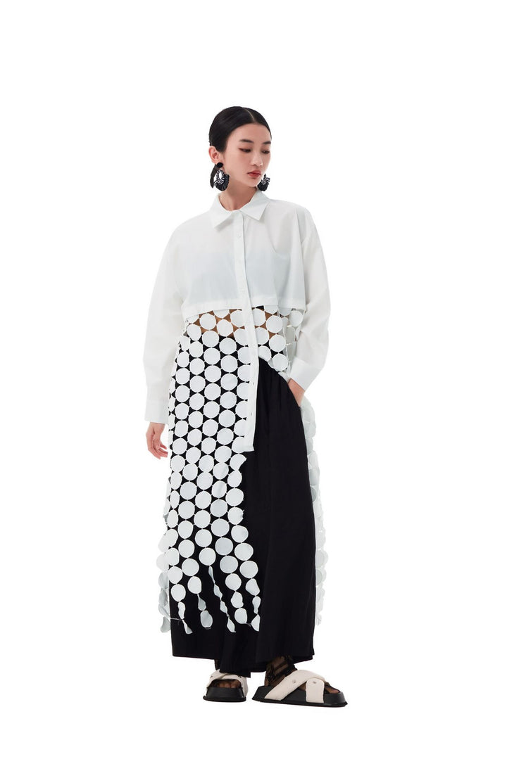 Patchwork hollow disc fringe shirt dress