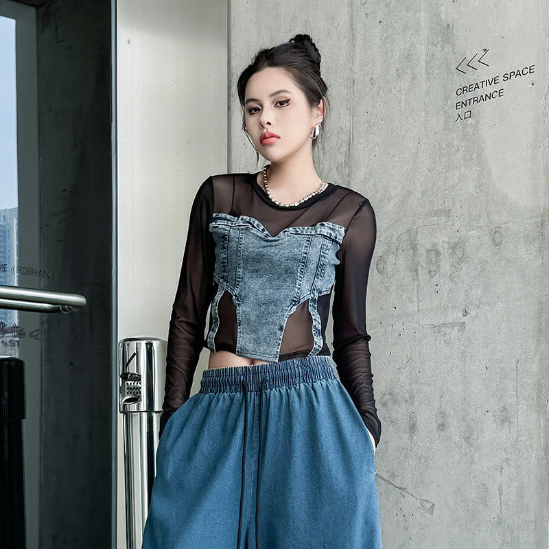 Mesh Denim Long Sleeve Tops