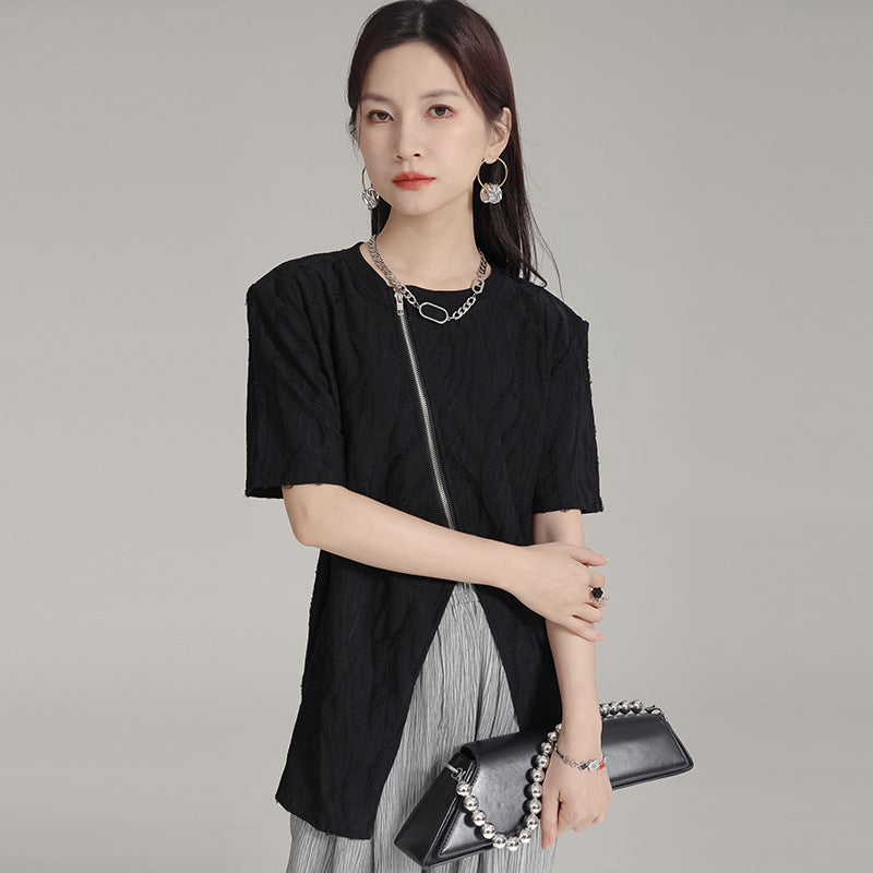 Zipper Short Sleeve Loose Top