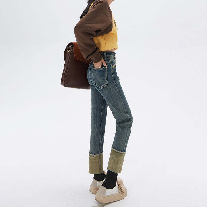 High waist elastic cuffed small straight jeans