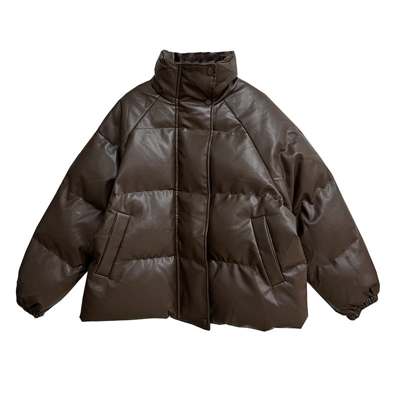 PU leather stand collar padded short volume down jacket