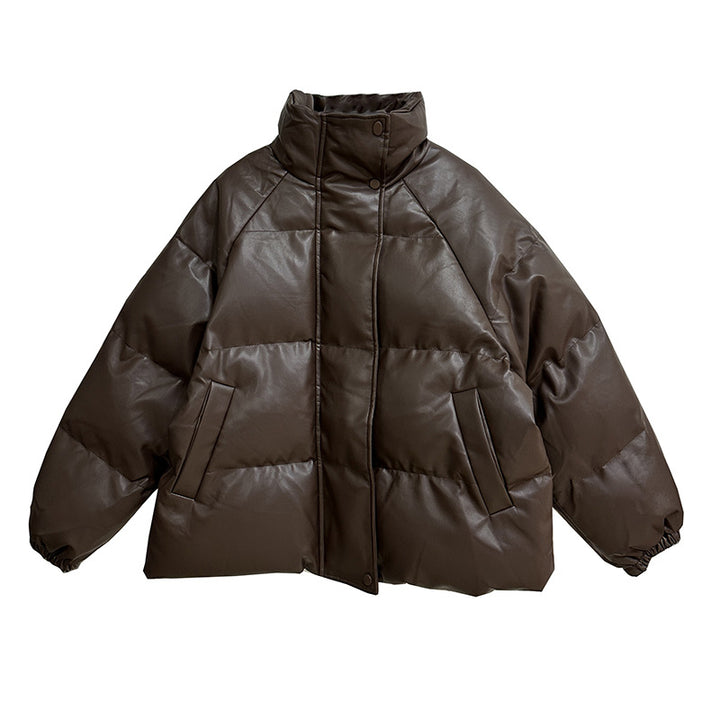 PU leather stand collar padded short volume down jacket
