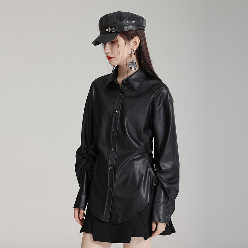 Side Tuck PU Leather Shirt