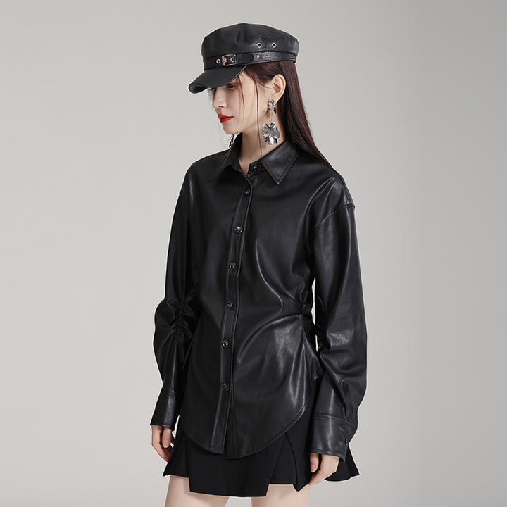 Side Tuck PU Leather Shirt