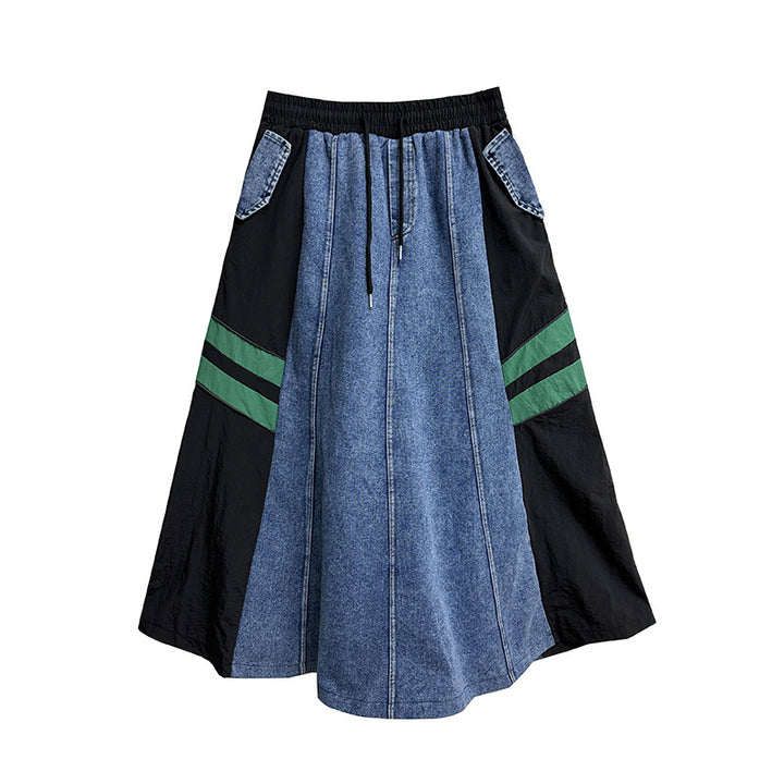 Contrast color stitching two line denim A-line skirt