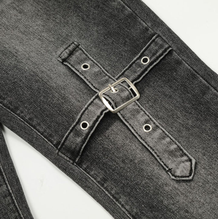 Burning Cross Belt Bell Bottm Denim Pants