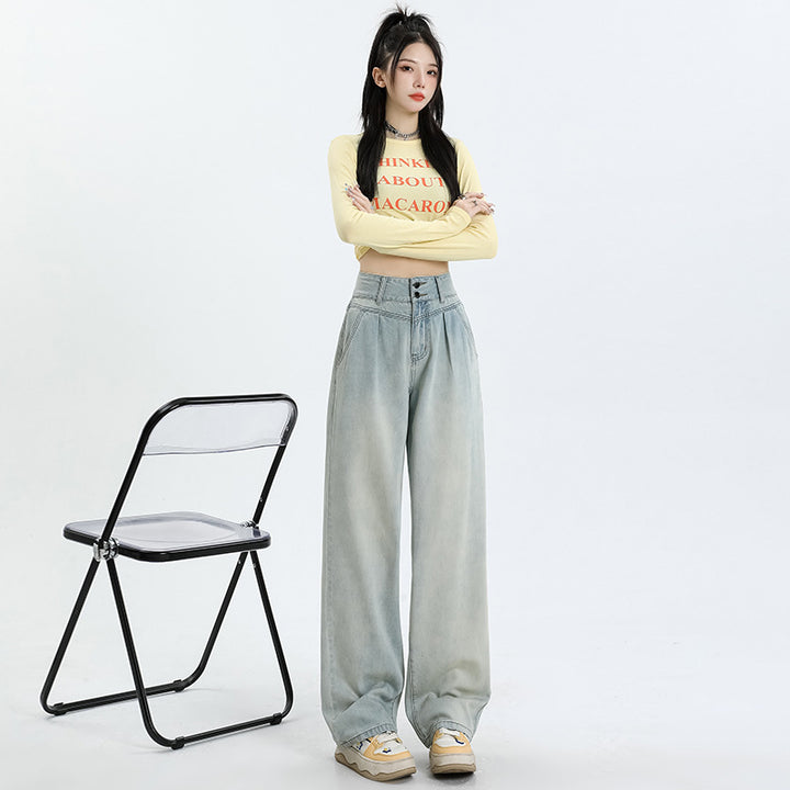 High waist double button straight wide-leg jeans