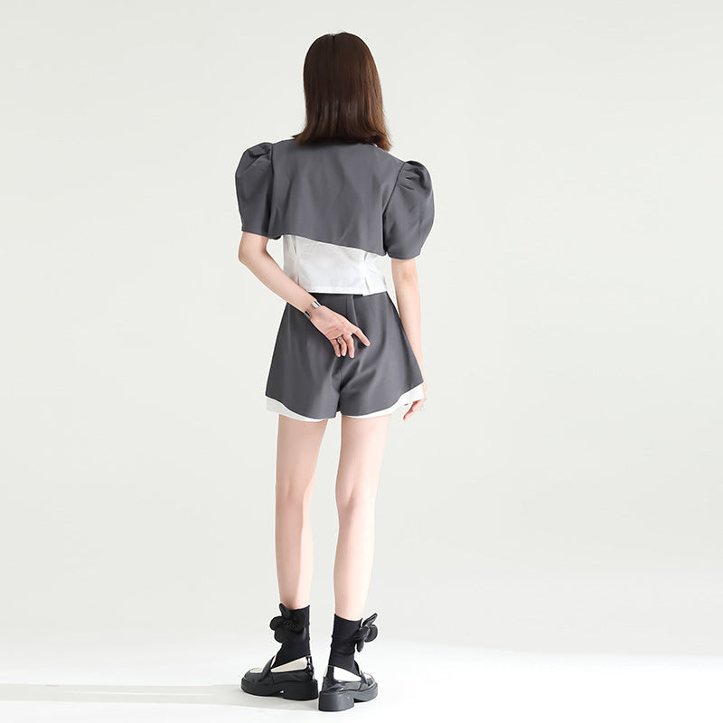 Puff Sleeve Compact Blouse & Monotone Layered Pants