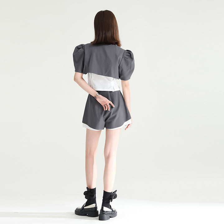 Puff Sleeve Compact Blouse & Monotone Layered Pants