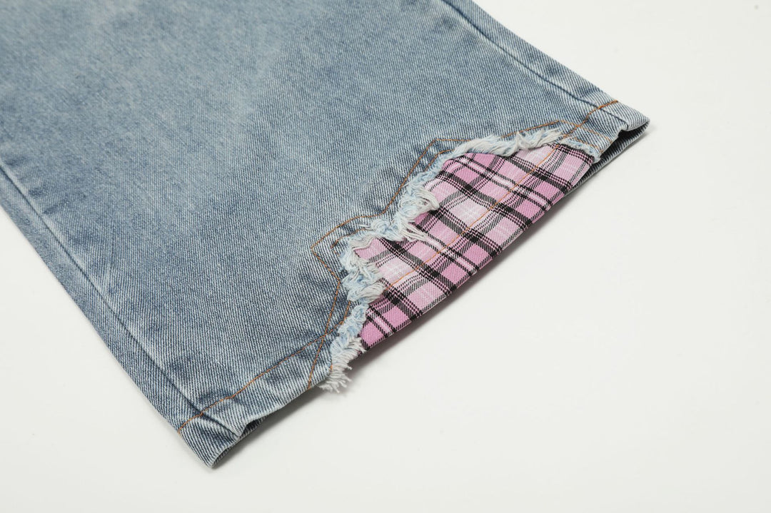 Street Style Plaid Cut Patchwork Straight Jeans