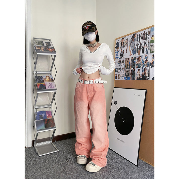 Carmour denim retro color wide-leg pants