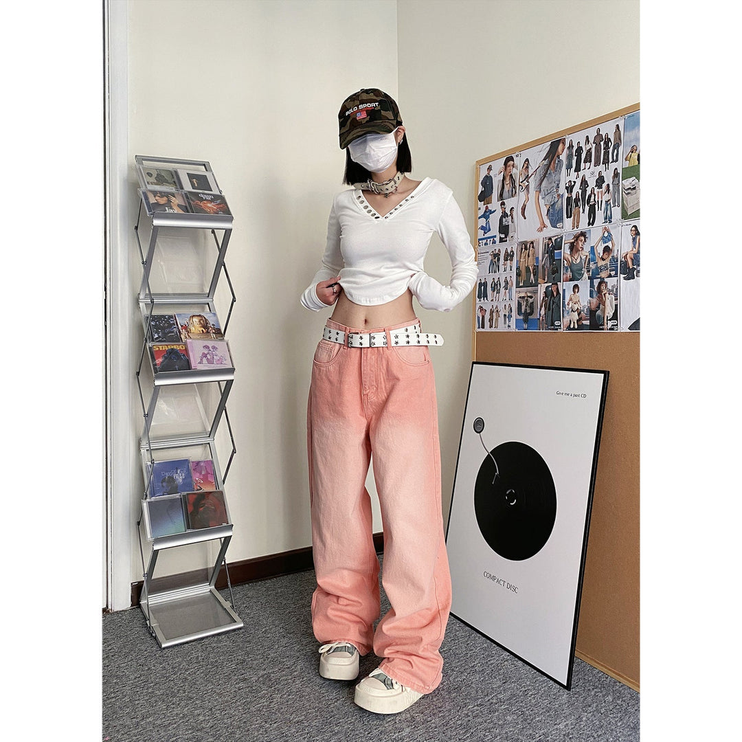 Carmour denim retro color wide-leg pants