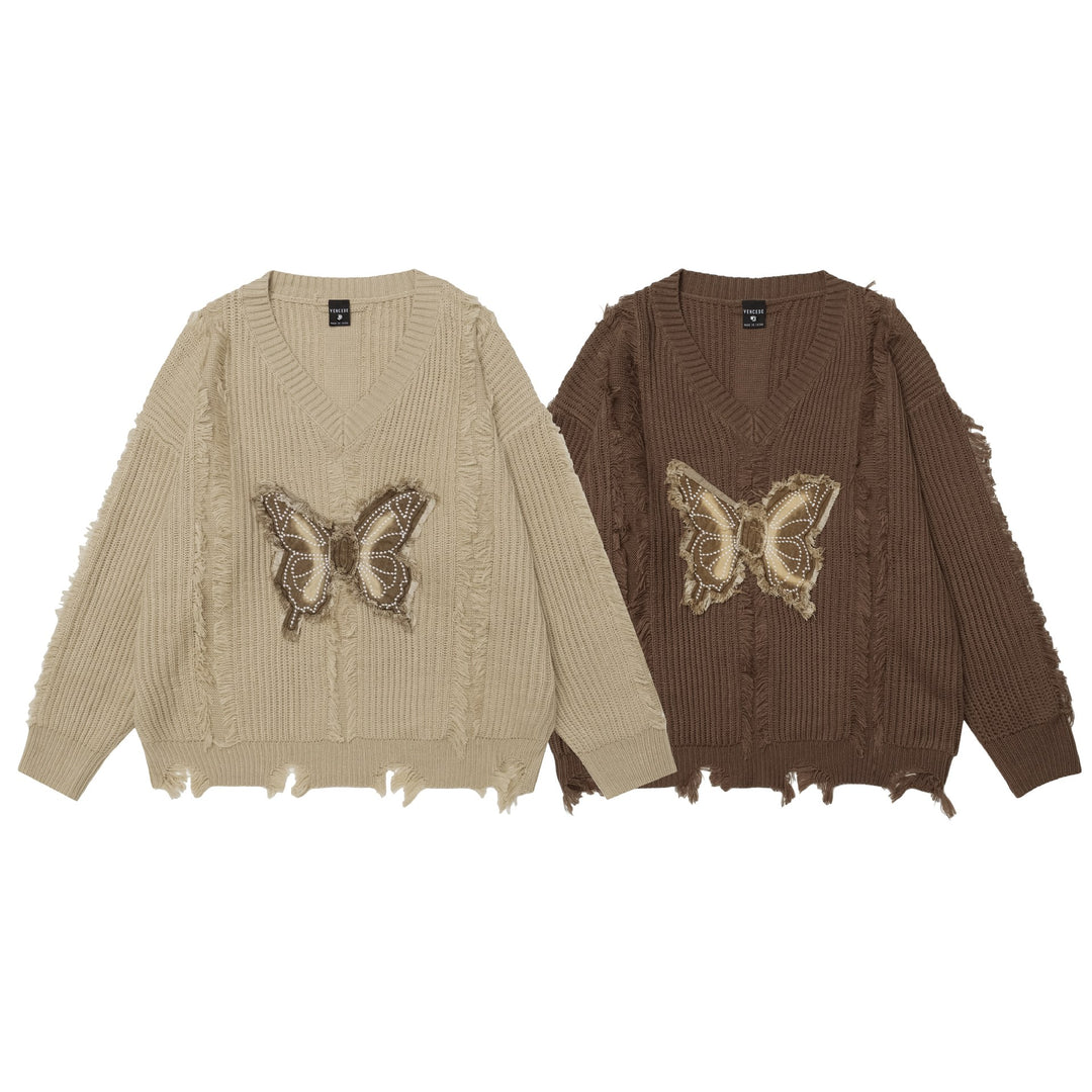 Butterfly embroidery v-neck damage knit sweater