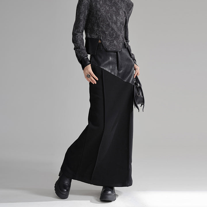 Design Patchwork PU Leather A-line Fleece Skirt
