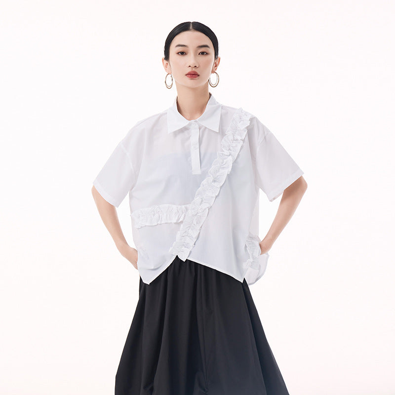 Asymmetry frill short sleeve shirt