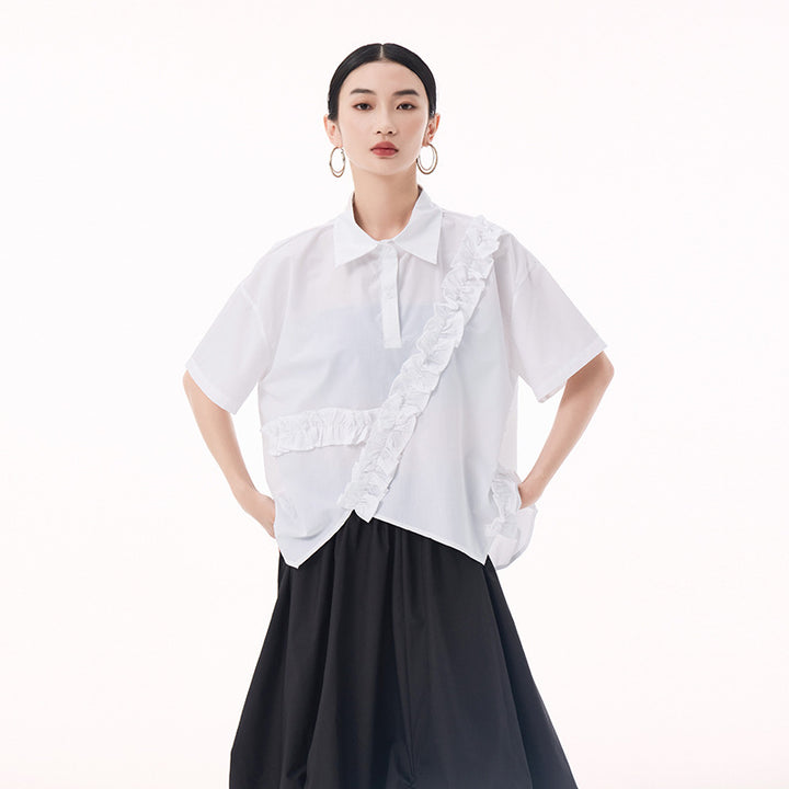 Asymmetry frill short sleeve shirt