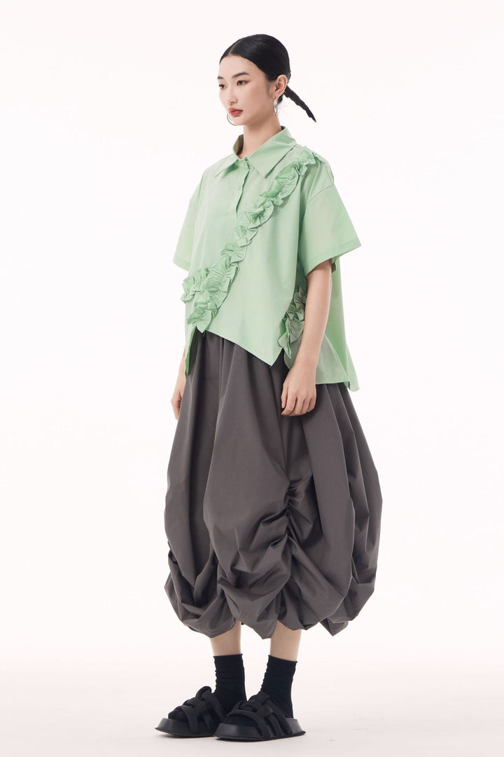 Asymmetry frill short sleeve shirt