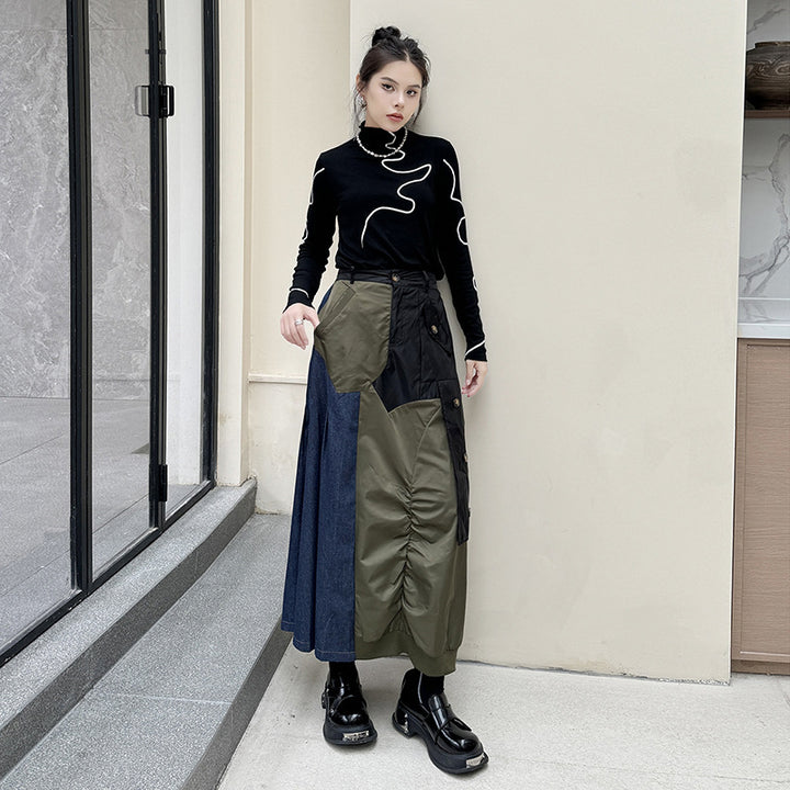 Wash denim patchwork A line skirt