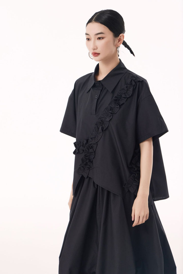 Asymmetry frill short sleeve shirt