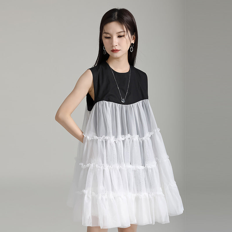 Tulle Tiered Sleeveless Long Blouse