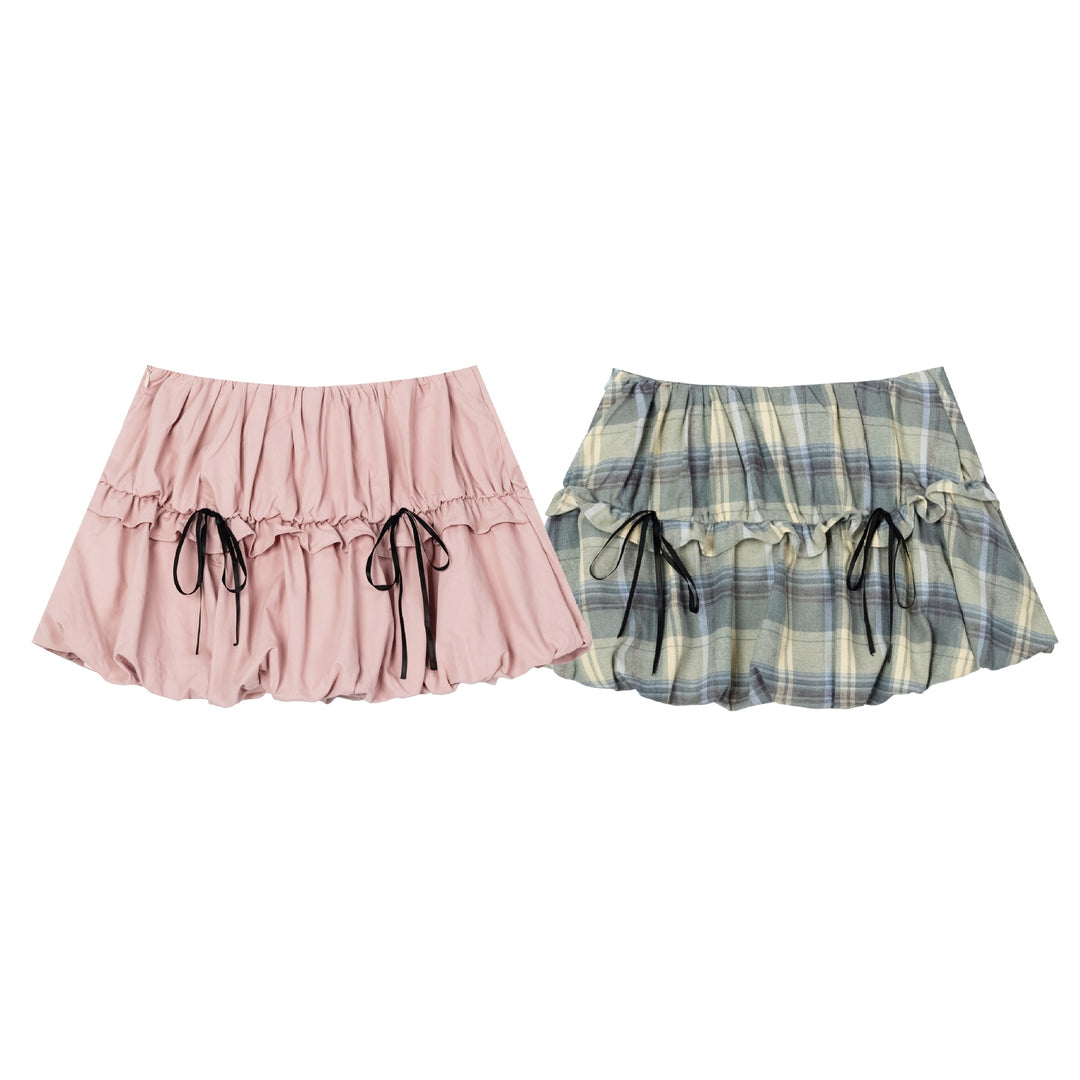 Check Front Frill Ribbon Mini Skirt