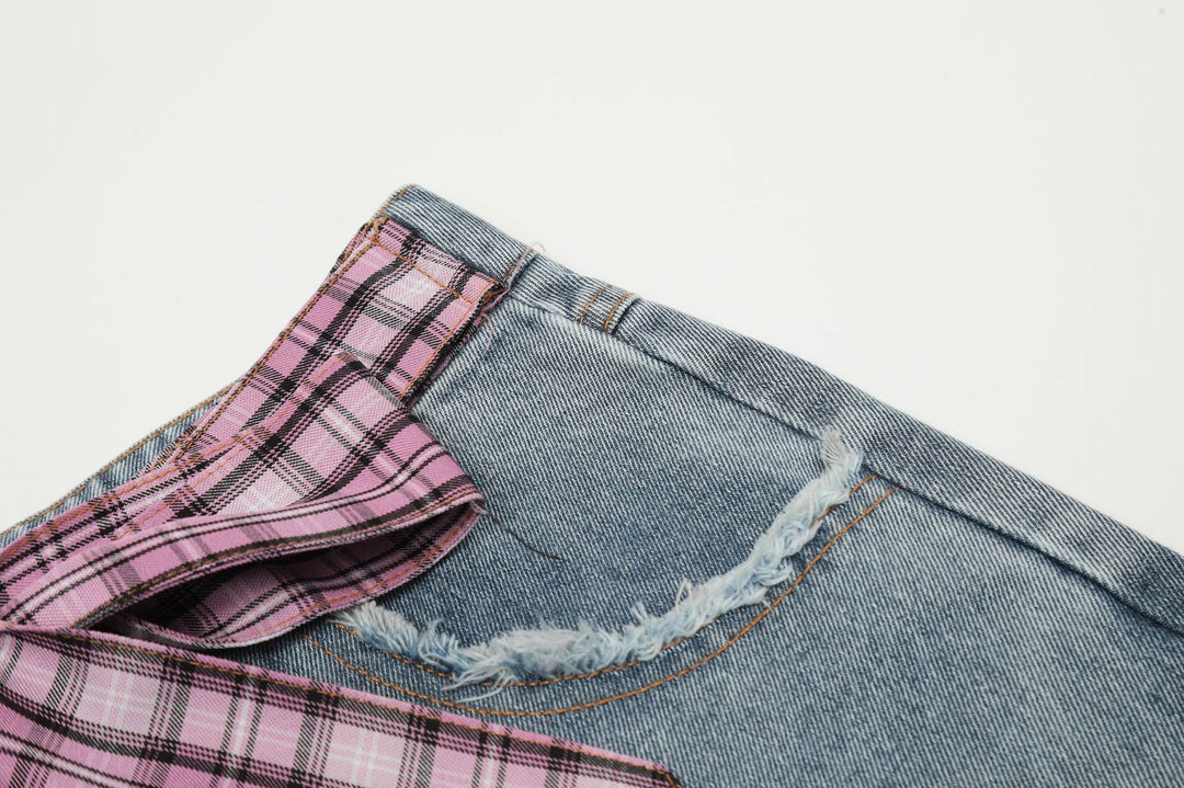 Street Style Plaid Cut Patchwork Straight Jeans