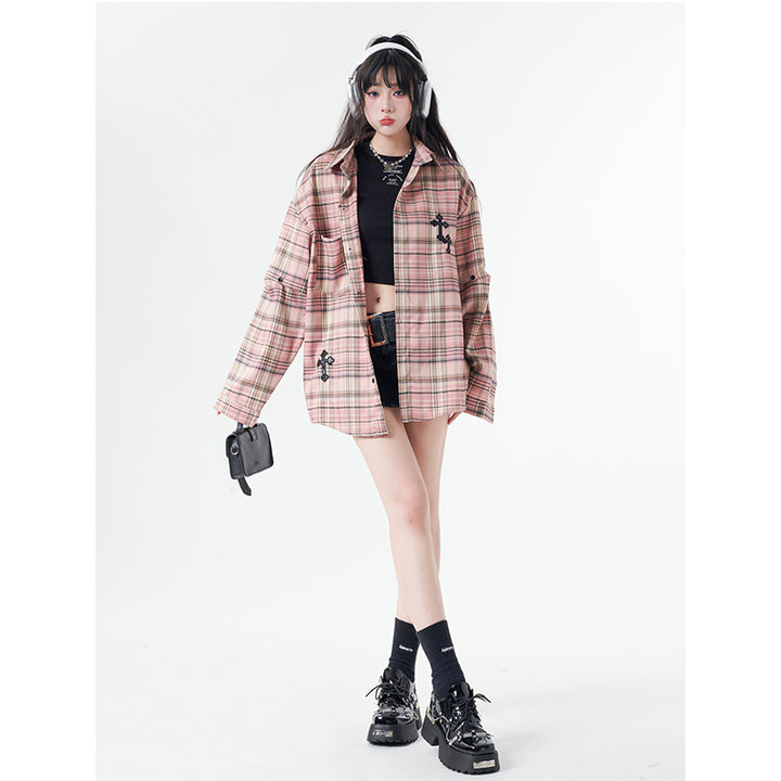 Street trend plaid sleeve detachable shirt