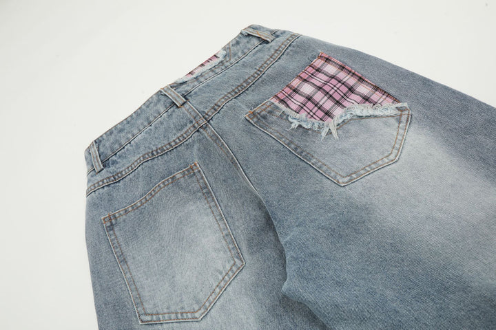 Street Style Plaid Cut Patchwork Straight Jeans