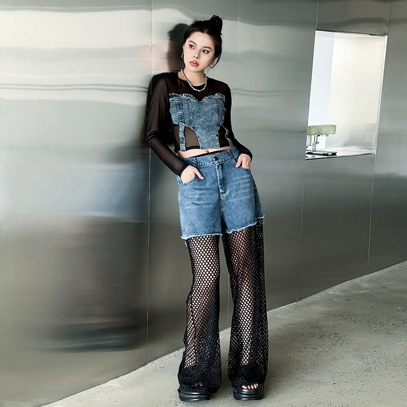 Mesh Patcwork Denim Short Pants