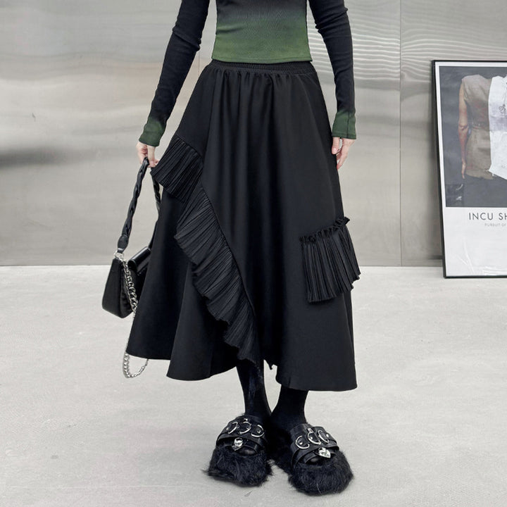 Patchwork pleated A-line skirt