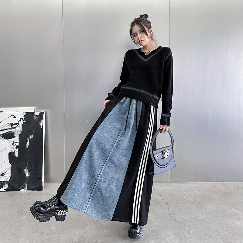 Denim patchwork striped a-line skirt