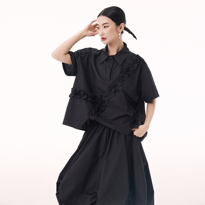 Asymmetry frill short sleeve shirt