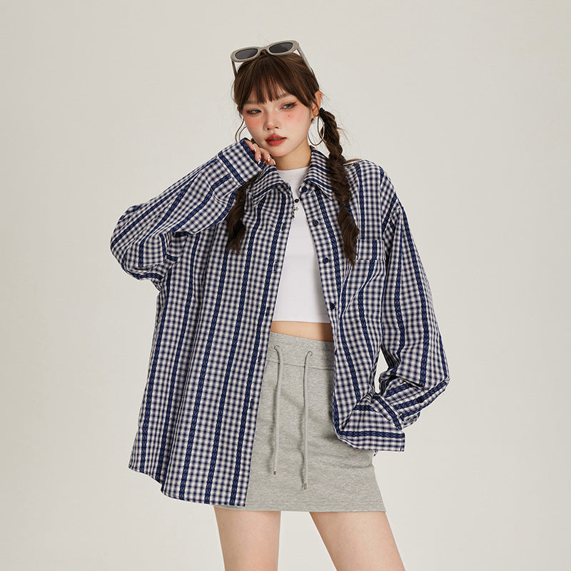 Lace design plaid shirt long sleeve early fall loose jacket