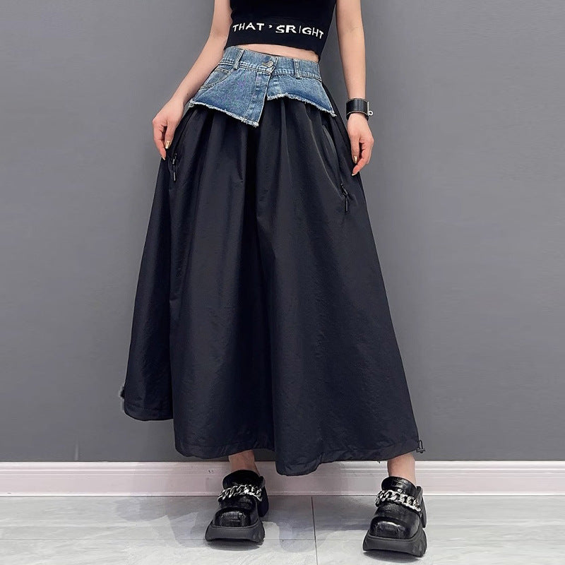 Contrast color switching denim flare skirt