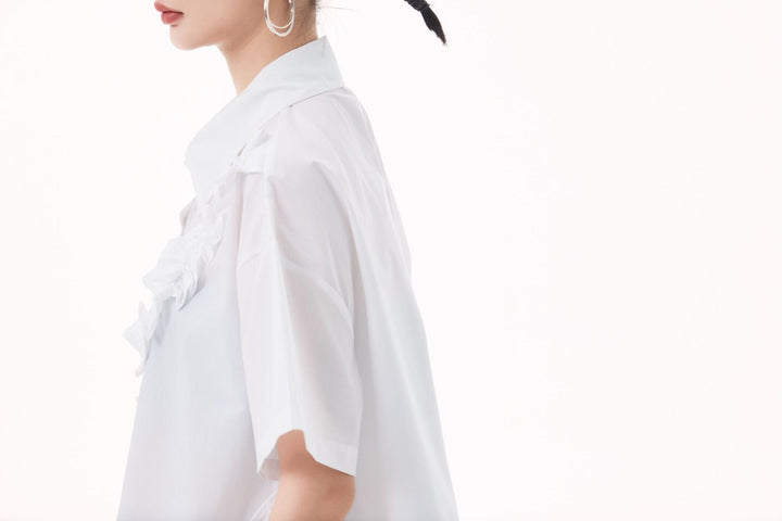 Asymmetry frill short sleeve shirt