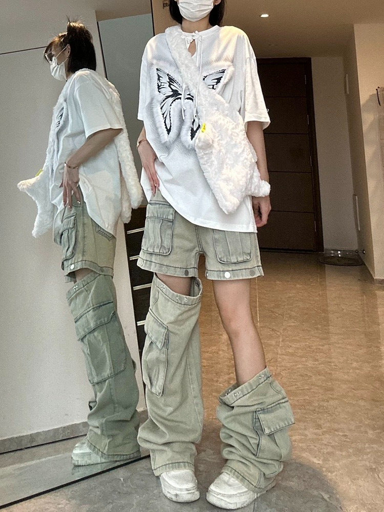 Multi-pocket straight separate pants