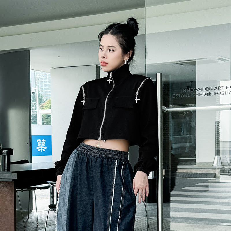 Zipper Stand Collar Short Tops