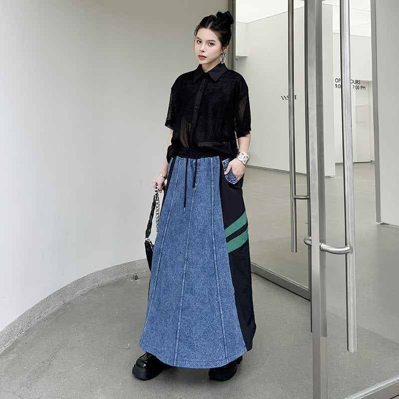 Contrast color stitching two line denim A-line skirt