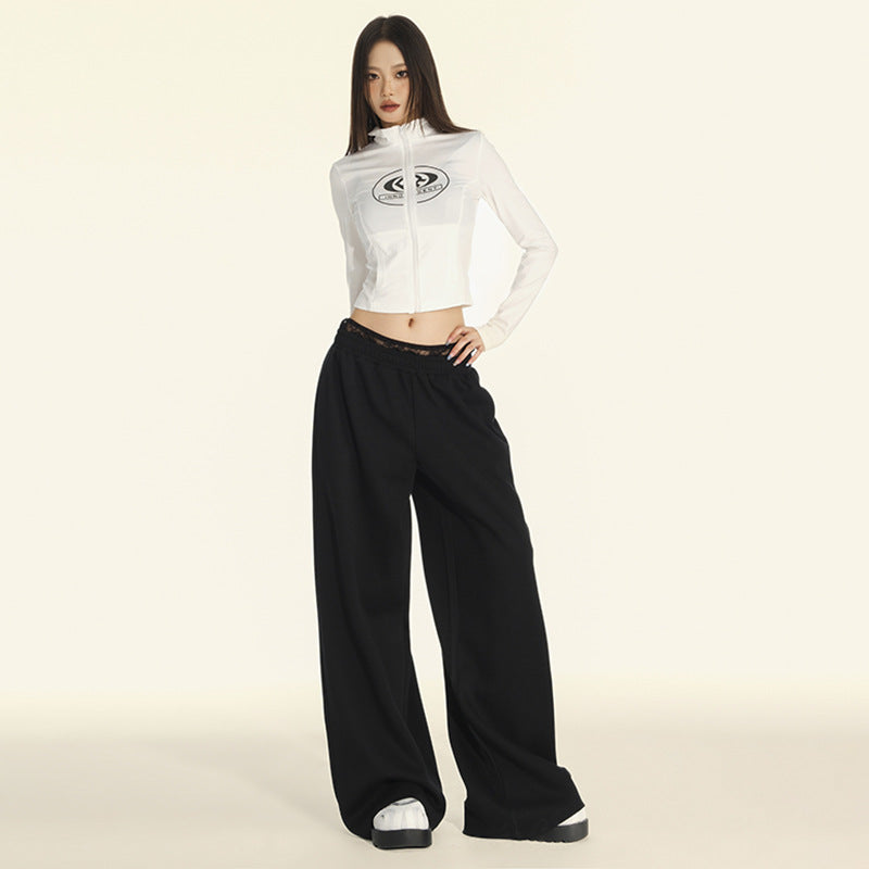 Lace Trim High Waist Slim Straight Wide Leg Pants