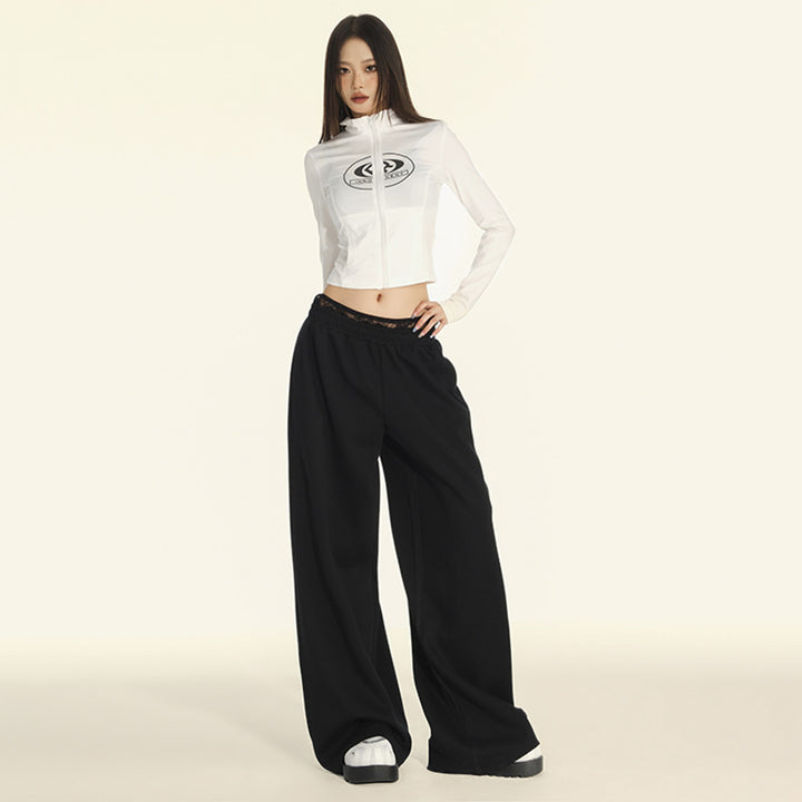 Lace Trim High Waist Slim Straight Wide Leg Pants