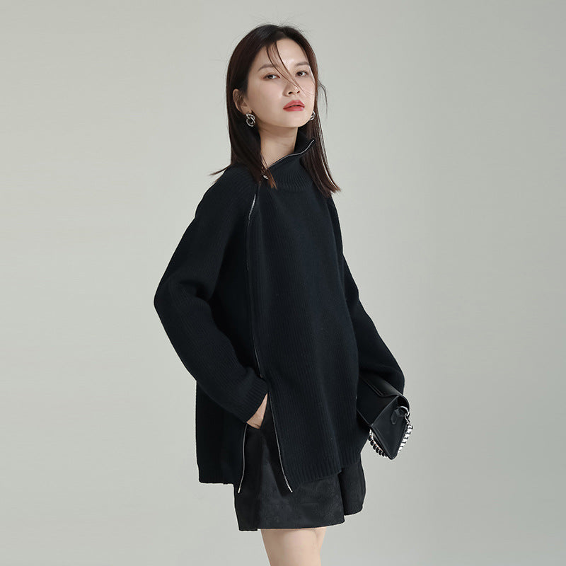 Asymmetry Side Slit Zipper High Neck Knit