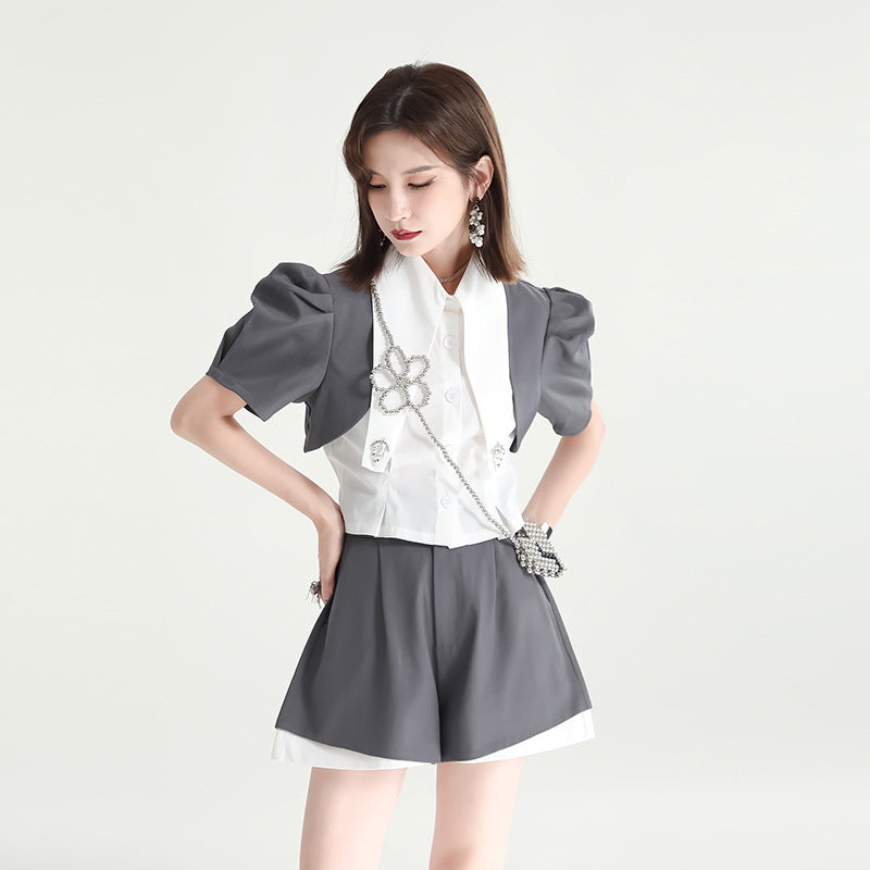 Puff Sleeve Compact Blouse & Monotone Layered Pants