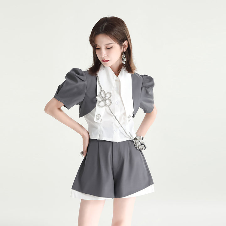 Puff Sleeve Compact Blouse & Monotone Layered Pants
