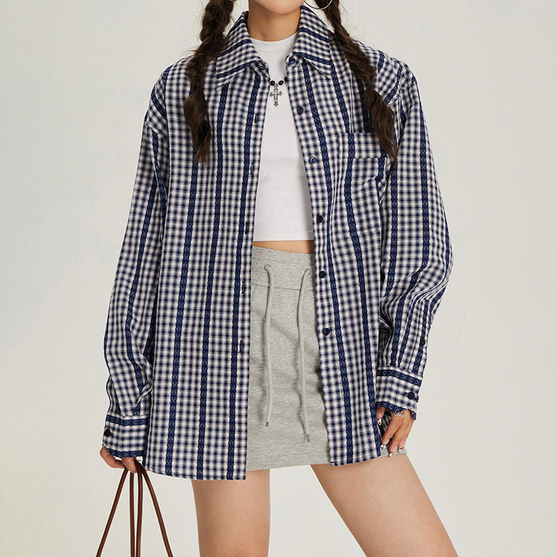 Lace design plaid shirt long sleeve early fall loose jacket