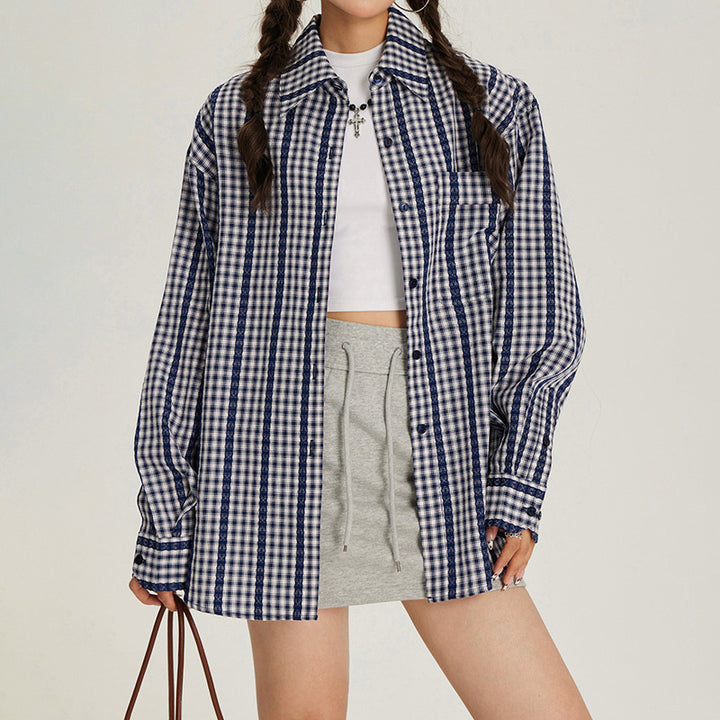 Lace design plaid shirt long sleeve early fall loose jacket