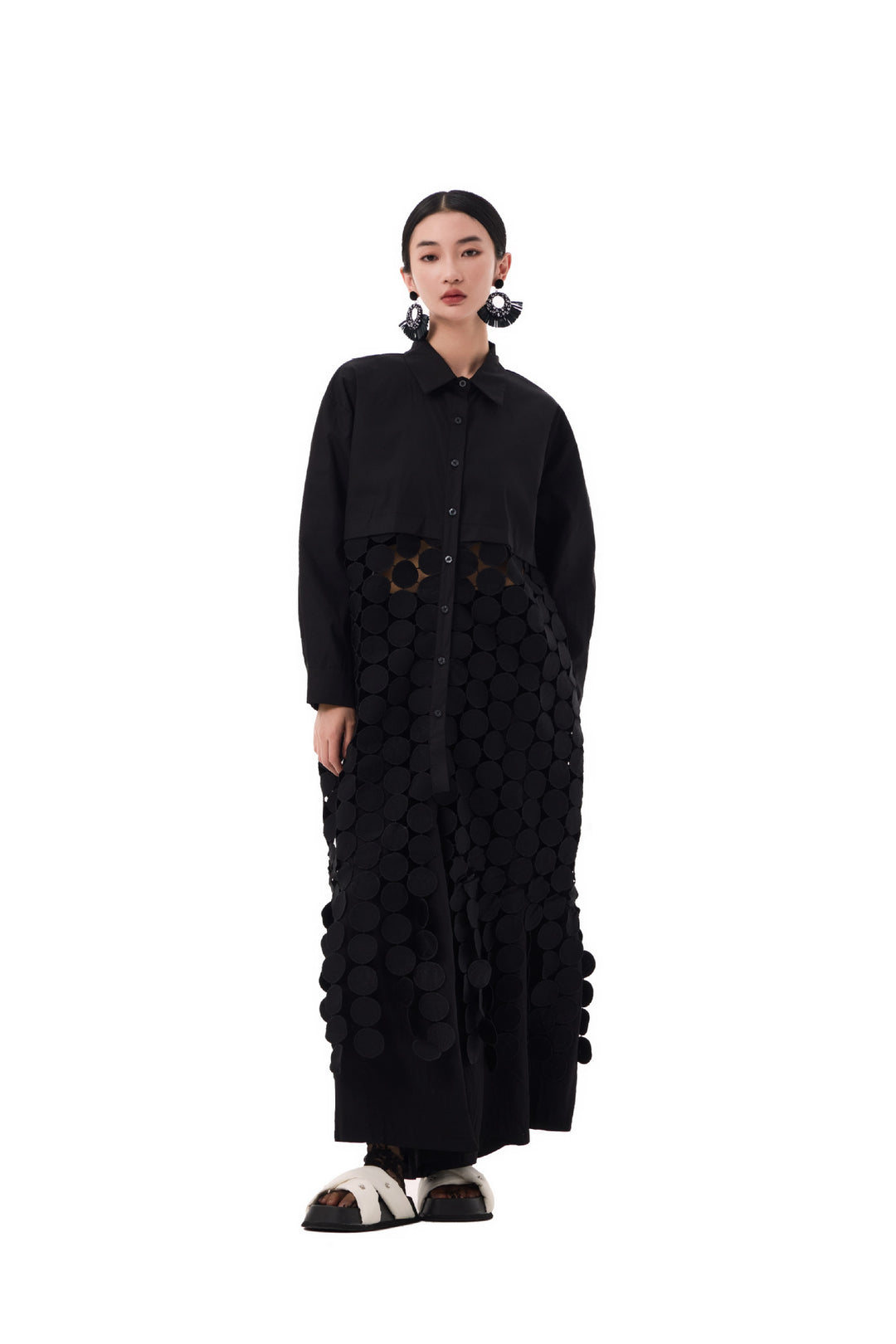 Patchwork hollow disc fringe shirt dress