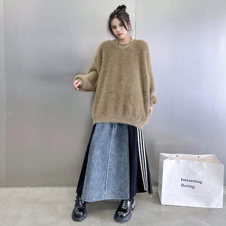 Denim patchwork striped a-line skirt