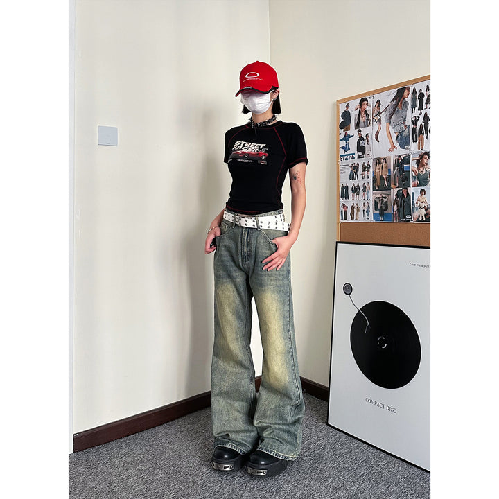 Street washed yellow clay slightly flared jeans